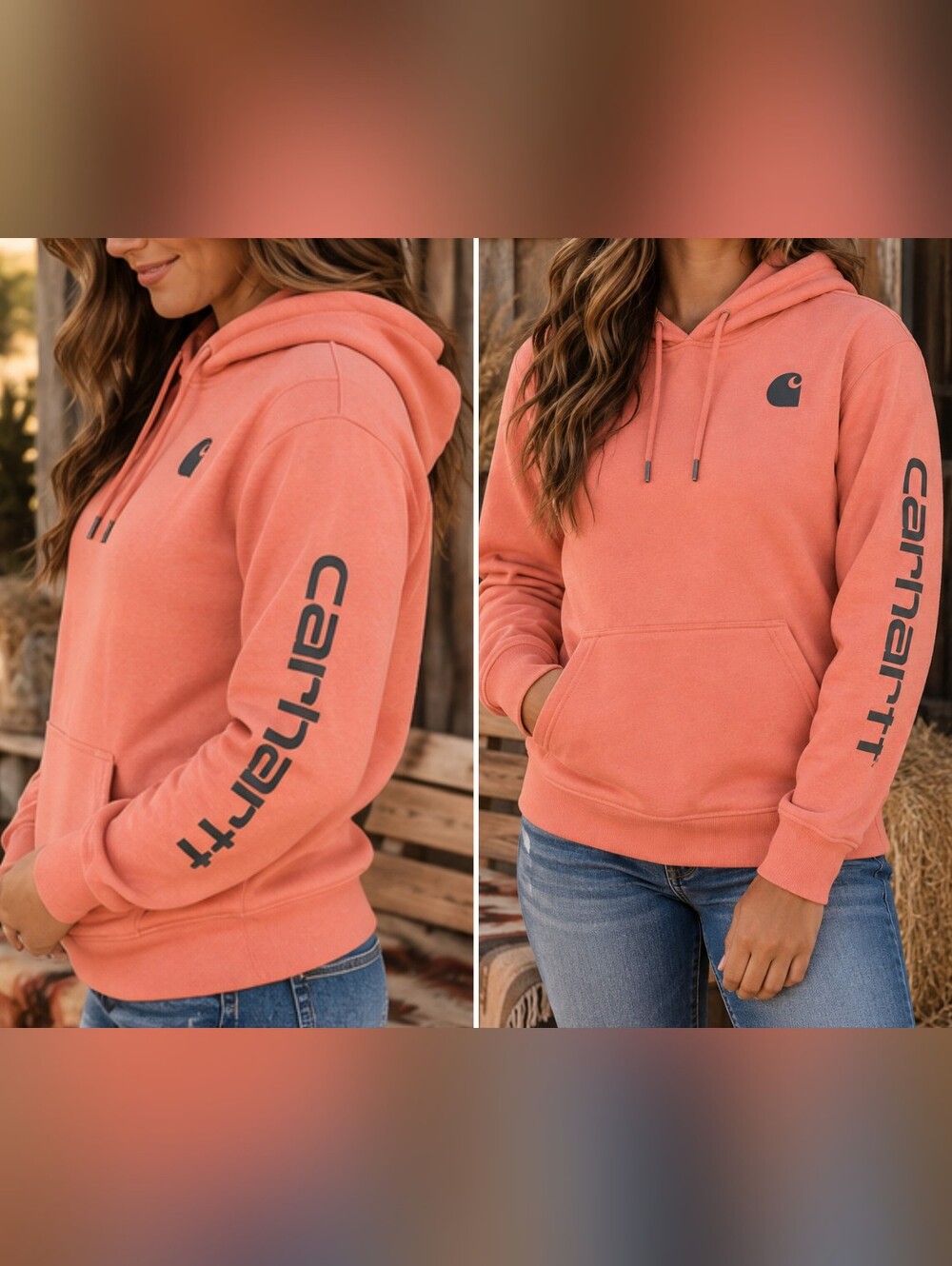 Carhartt Women's Coral Peach Pull-On Hoodie with Sleeve Logo